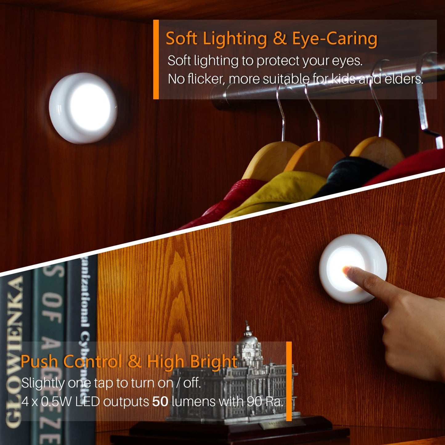 STAR-SPANGLED Push Tap Light, 2.8” Mini Night Touch LED Puck Lamp, Portable Under Cabinet Lighting AAA Battery Operated Powered, DIY Stick On Lights for Closet, Counter, Kitchen, Warm White, 5 Pack