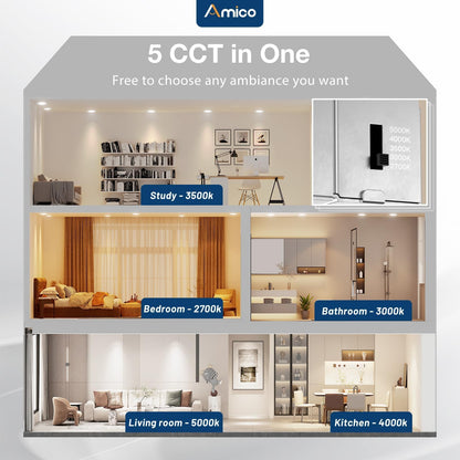 Amico 6 Pack 6 Inch 5CCT Ultra-Thin LED Recessed Ceiling Light with Junction Box, 2700K/3000K/3500K/4000K/5000K Selectable, 12W Eqv 110W 1050LM Brightness Dimmable Canless Wafer Downlight, ETL & FCC