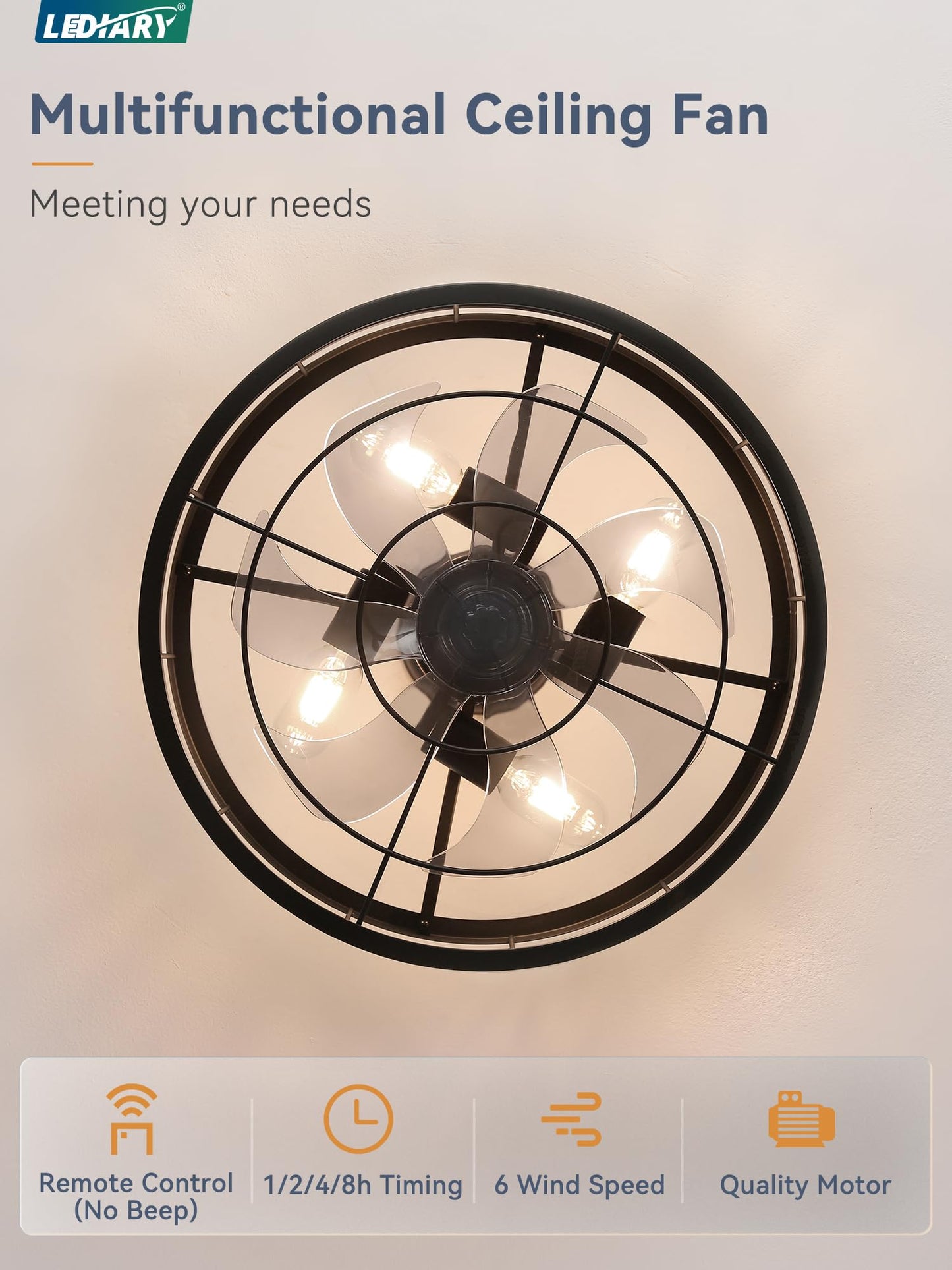 LEDIARY 16.5 inch Black Caged Ceiling Fan with Light, Fandelier Industrial Ceiling Fan with Remote, Farmhouse Fan Lights Ceiling Fixtures for Kitchen, Bedroom, Outdoor（6 Speed, Timing）-Black