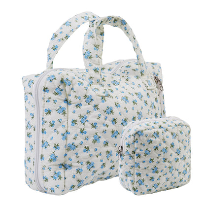 Cute Makeup Bag for Women(2 Pcs), Travel Cosmetic Bags, Quilted Coquette Aesthetic Floral Toiletry Organizer Bag (NavyBlue Flower)