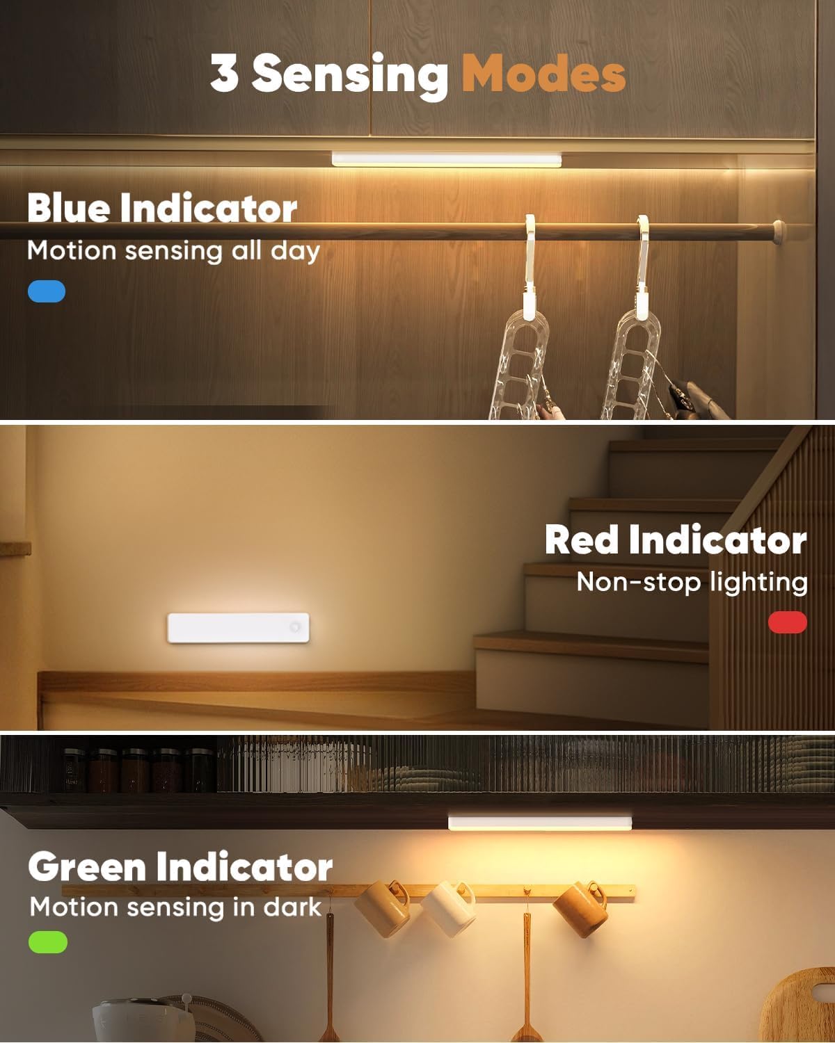 Under Cabinet Lighting, 2 Pack Motion Sensor Light Indoor, Rechargeable Closet Lights Battery Operated, LED Lights for Bedroom, Wireless Dimmable Cabinet Lights, Motion Sensor Step Night Light