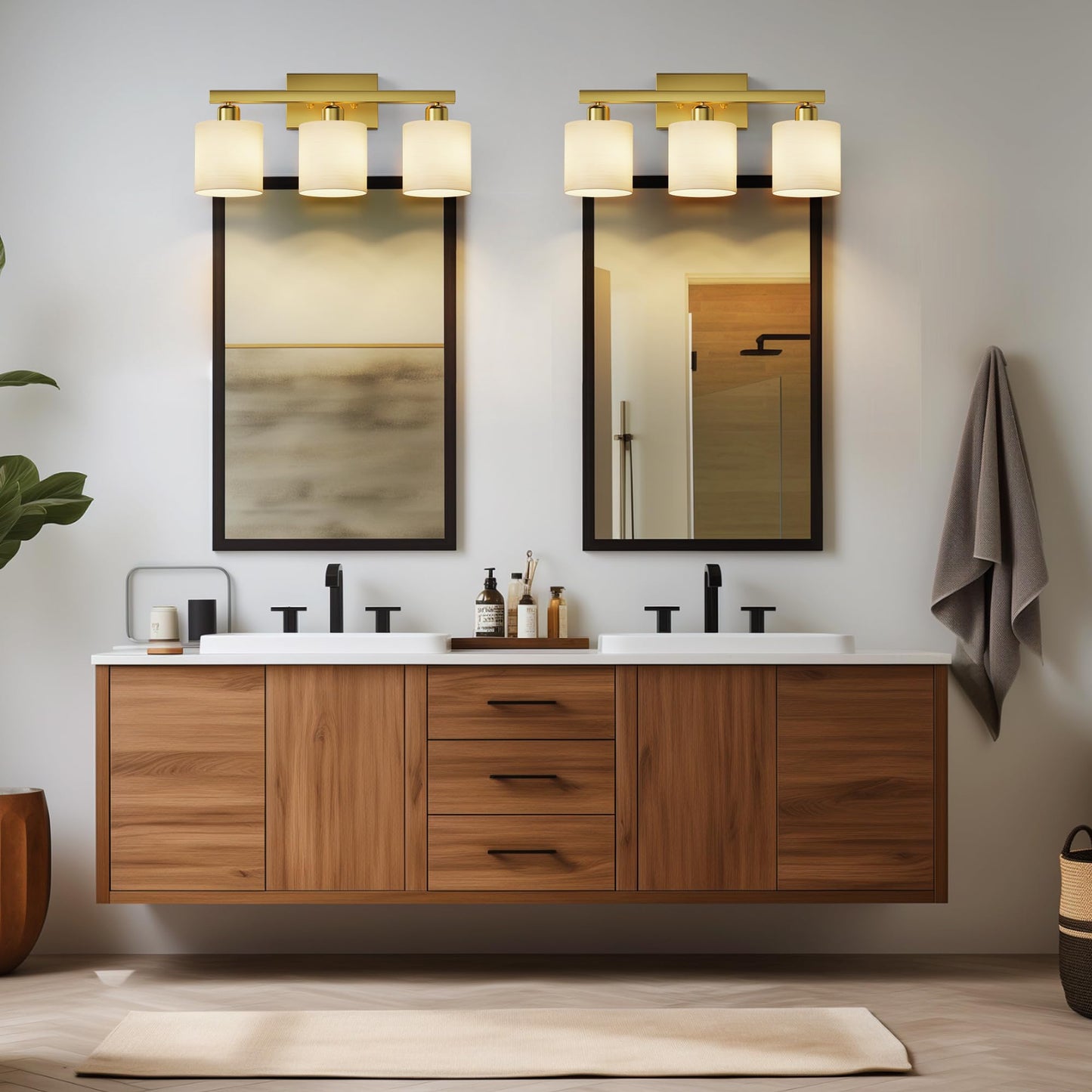 PARTPHONER Bathroom Light Fixtures, Bathroom Lighting Fixtures Over Mirror, Interior Classic Vanity Lights, Modern Bathroom Vanity Light with Textured White Glass Shade, Brushed Nickel, 3-Light