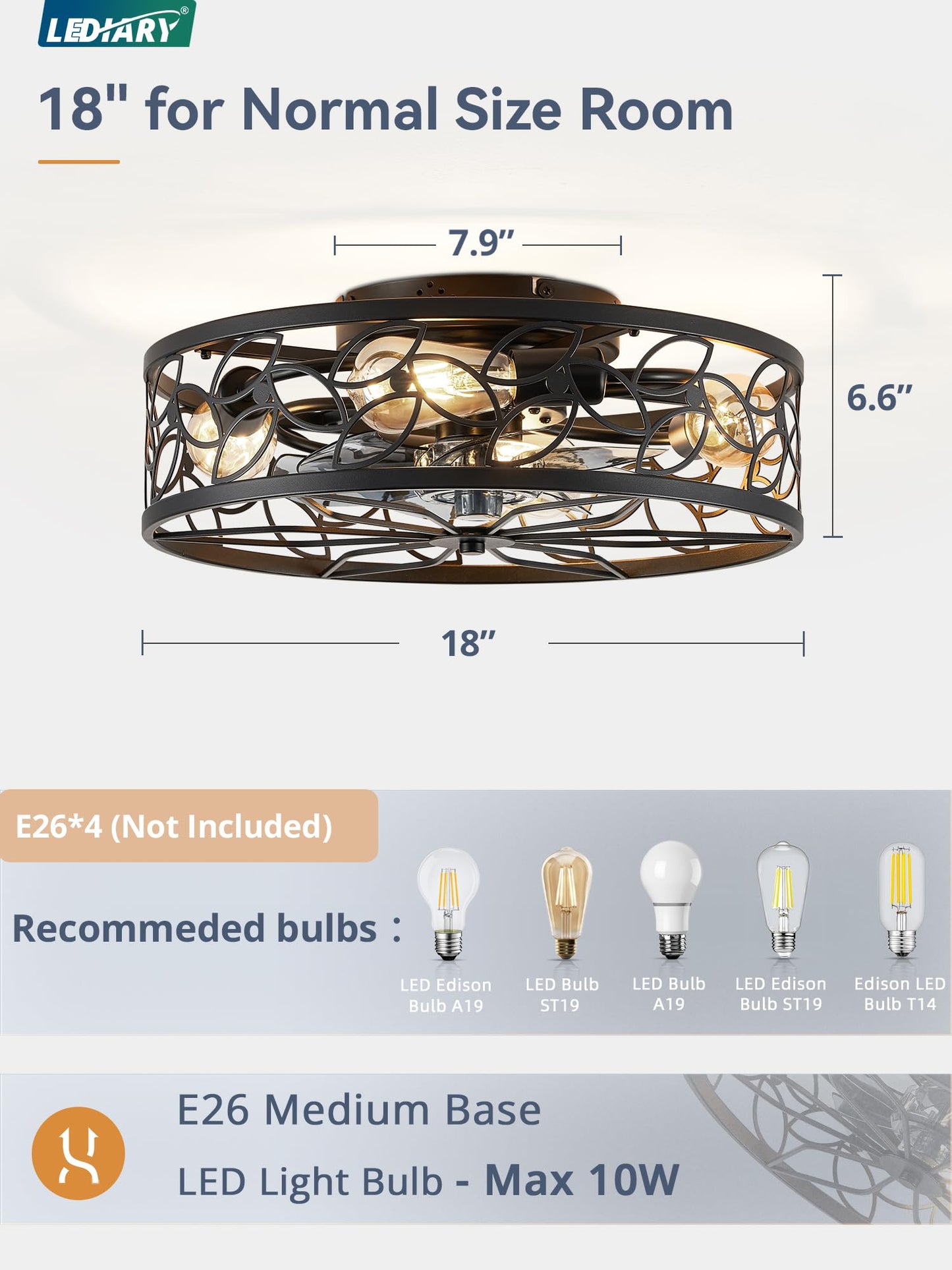 LEDIARY Caged Ceiling Fans with Lights, White Flush Mount Ceiling Fan with Remote, Small Low Profile Bladeless Ceiling Fan Light Fixture for Bedroom, Kitchen, Dining Room-White Gold Color