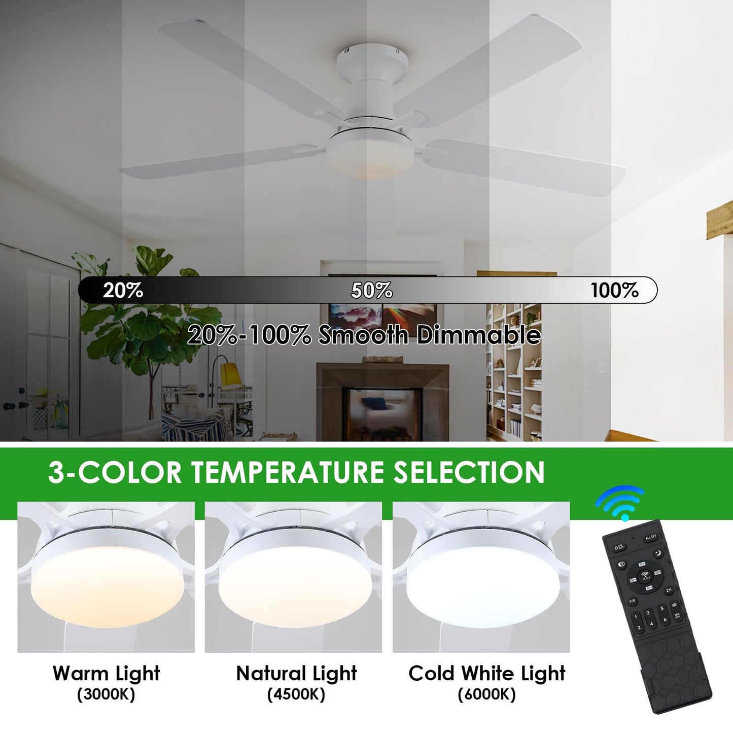 Ceiling Fans with Lights- 52" Low Profile Indoor Ceiling Fan with Light and Remote/APP Control, Flush Mount, LED Dimmable DC Reversible Modern Ceiling Fan for Bedroom（Black）