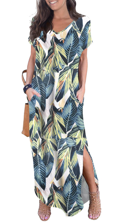 GRECERELLE Women's Casual Loose Pocket Long Dress Short Sleeve Split Maxi Dresses