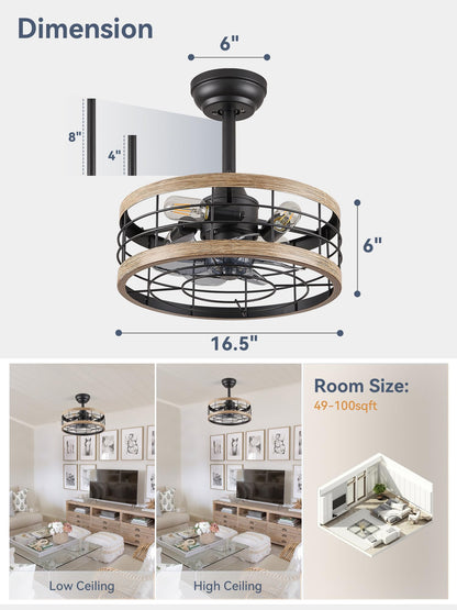 LEDIARY 16.5 inch Black Caged Ceiling Fan with Light, Fandelier Industrial Ceiling Fan with Remote, Farmhouse Fan Lights Ceiling Fixtures for Kitchen, Bedroom, Outdoor（6 Speed, Timing）-Black