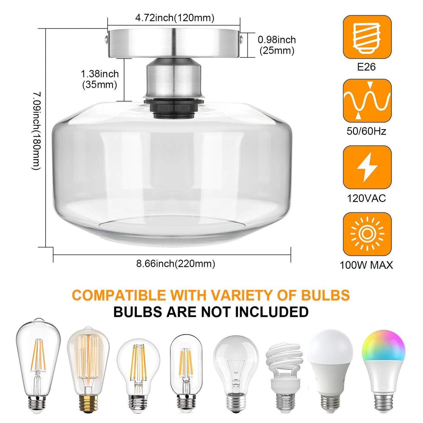 MAXvolador Industrial Semi Flush Mount Ceiling Light, Clear Glass Pendant Lamp Shade, Farmhouse Lighting for Hallway, Vintage Hanging Light Fixtures