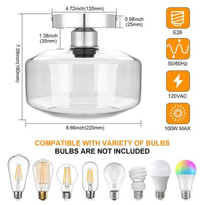MAXvolador Industrial Semi Flush Mount Ceiling Light, Clear Glass Pendant Lamp Shade, Farmhouse Lighting for Hallway, Vintage Hanging Light Fixtures