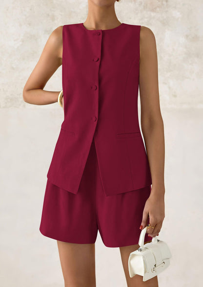 PRETTYGARDEN Women's 2 Piece Sets 2025 Summer Trendy Button Down Suit Vest Tops High Waisted Shorts Business Casual Outfits