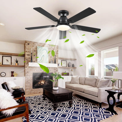 Ceiling Fans with Lights- 46" Low Profile Indoor Ceiling Fan with Light and Remote/APP Control, Flush Mount, LED Dimmable DC Reversible Modern Ceiling Fan for Bedroom（Black）