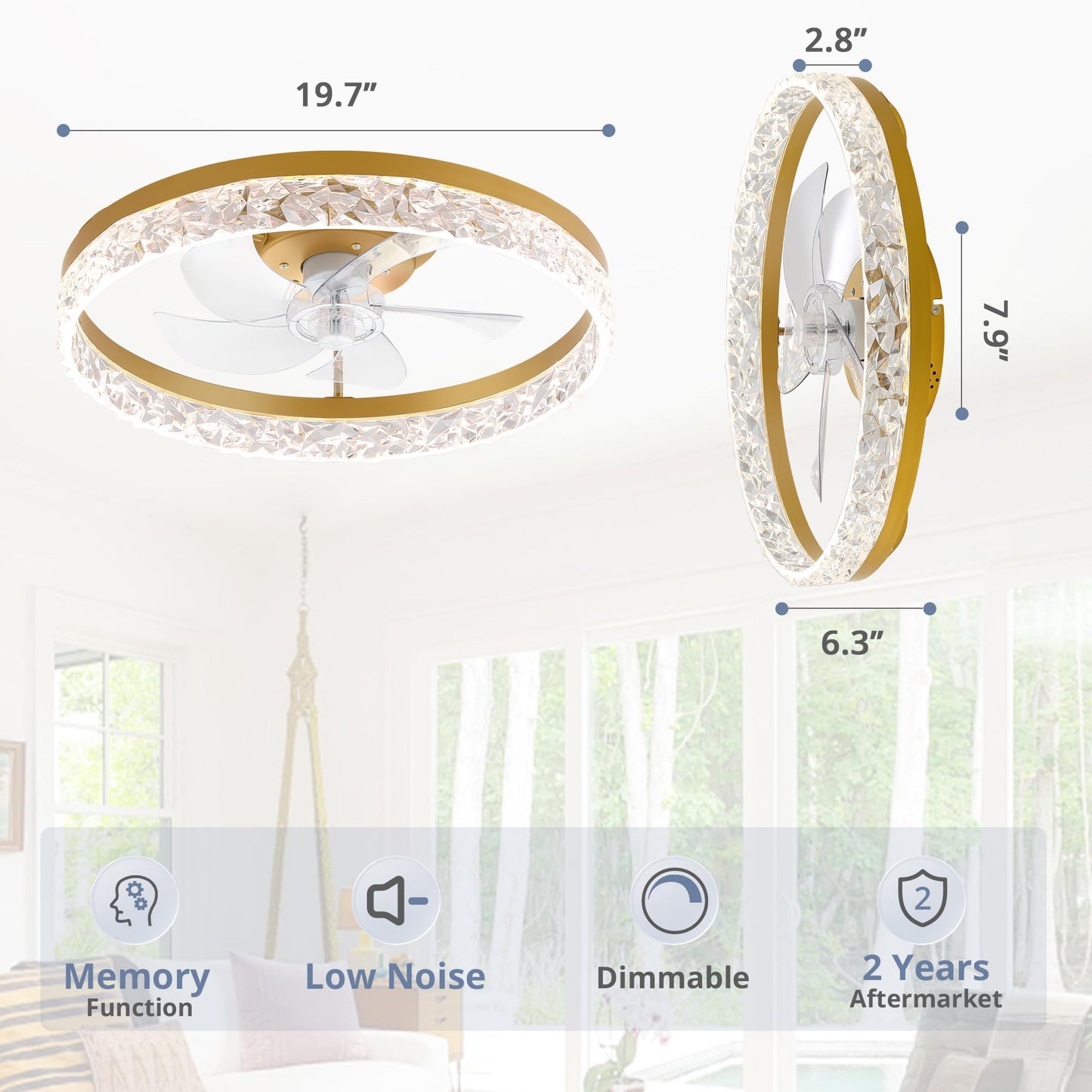 LEDIARY 20" Modern Ceiling Fans with Lights and Remote, Dimmable Low Profile Ceiling Fan, Flush Mount Ceiling Fan, Stepless Color Temperature Change and 6 Speeds - White