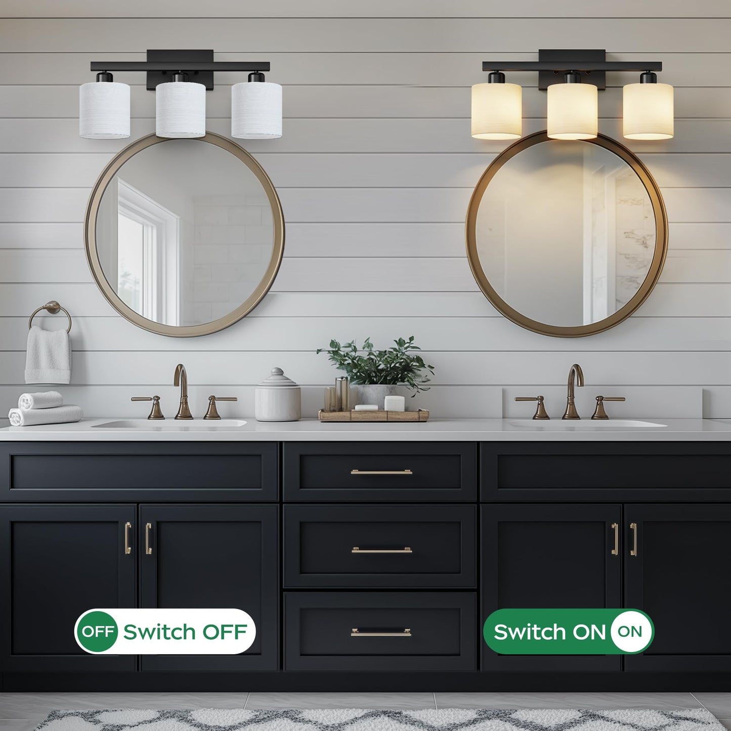 PARTPHONER Bathroom Light Fixtures, Bathroom Lighting Fixtures Over Mirror, Interior Classic Vanity Lights, Modern Bathroom Vanity Light with Textured White Glass Shade, Brushed Nickel, 3-Light