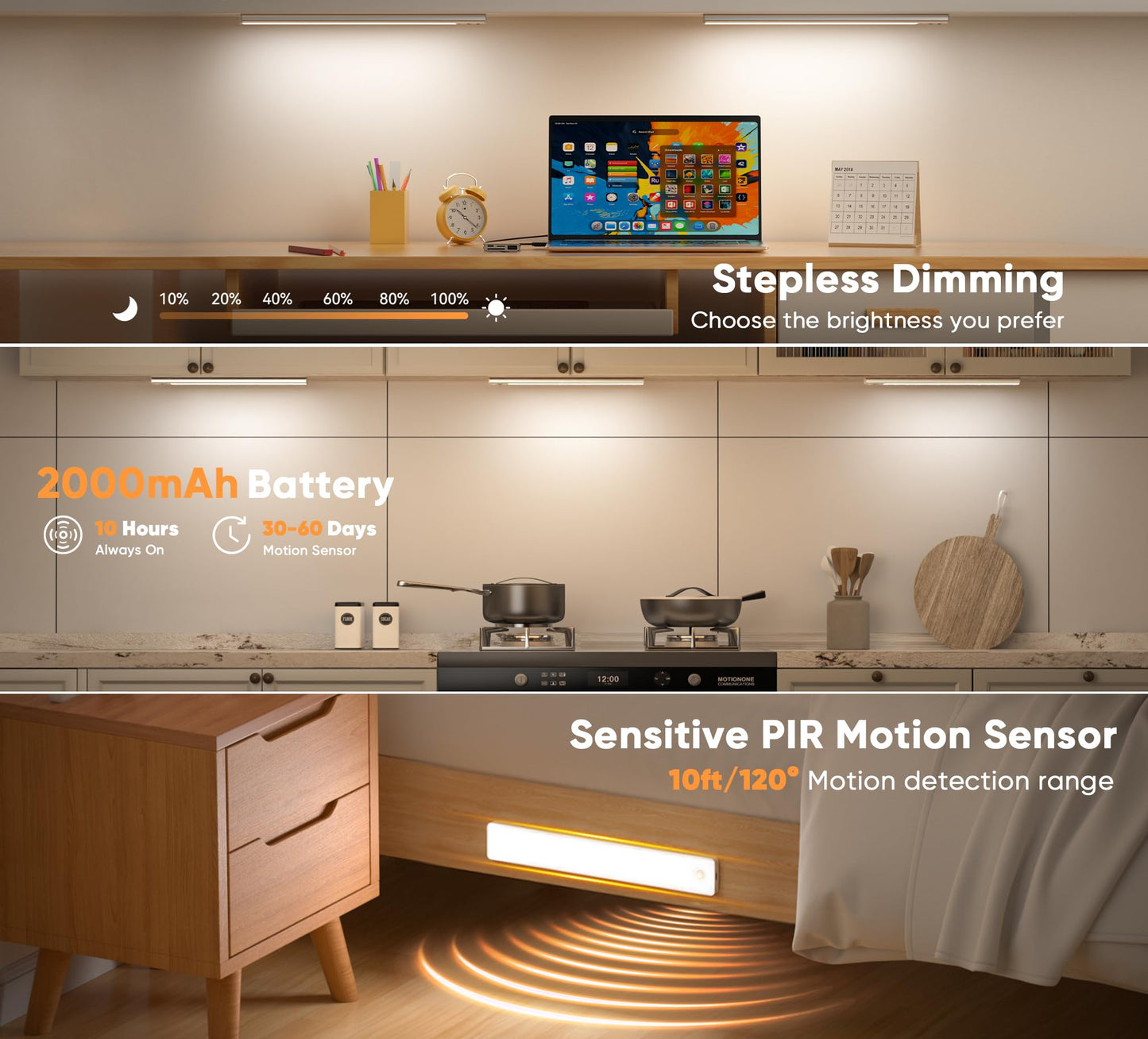 Under Cabinet Lighting, 2 Pack Motion Sensor Light Indoor, Rechargeable Closet Lights Battery Operated, LED Lights for Bedroom, Wireless Dimmable Cabinet Lights, Motion Sensor Step Night Light