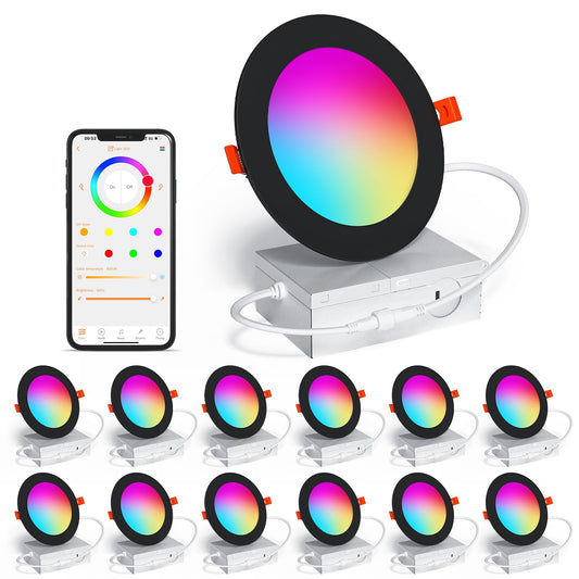 Smart Recessed Lighting 4 Inch RGBCW Color Changing 12W LED Downlight with Junction Box,1000 Lumen Recessed Ceiling Light Compatible with Alexa,Dimmable by Bluetooth Control -12Pack