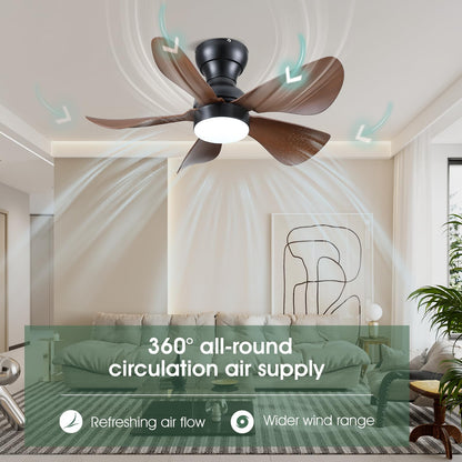 Ceiling Fans with Lights and Remote/APP Control, 30 inch Low Profile Ceiling Fans with 5 Reversible Blades 3 Colors Dimmable 6 Speeds Ceiling Fan for Bedroom Kids Room Dining Room, Black