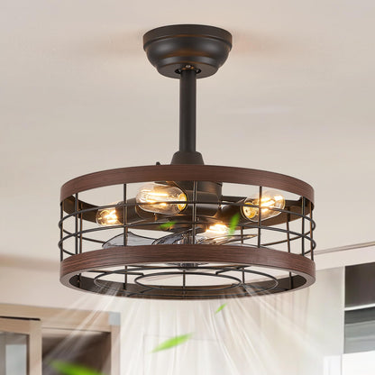 LEDIARY 16.5 inch Black Caged Ceiling Fan with Light, Fandelier Industrial Ceiling Fan with Remote, Farmhouse Fan Lights Ceiling Fixtures for Kitchen, Bedroom, Outdoor（6 Speed, Timing）-Black