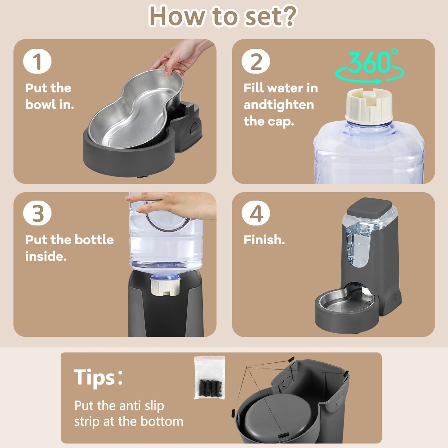 2 Pack Automatic Cat Feeder and Stainless Steel Water Dispenser, Gravity Dog Waterer Set Food Feeder and Waterer Set for Small Medium Kitten Puppy Pets(1 Gallon x 2, Charcoal Gray)