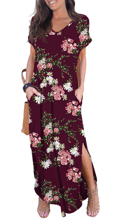 GRECERELLE Women's Casual Loose Pocket Long Dress Short Sleeve Split Maxi Dresses