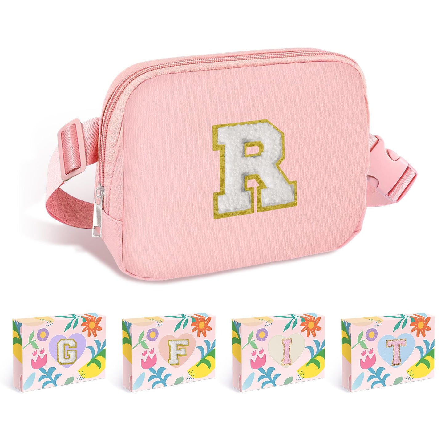 COSHAYSOO Pink Belt Bag Small Waist Fanny Pack Mini Crossbody Purse with Initial Preppy Letter Patch for Teen Girl Women Workout, Cross Body Chest Pouch Trending Birthday Gift Idea (S)