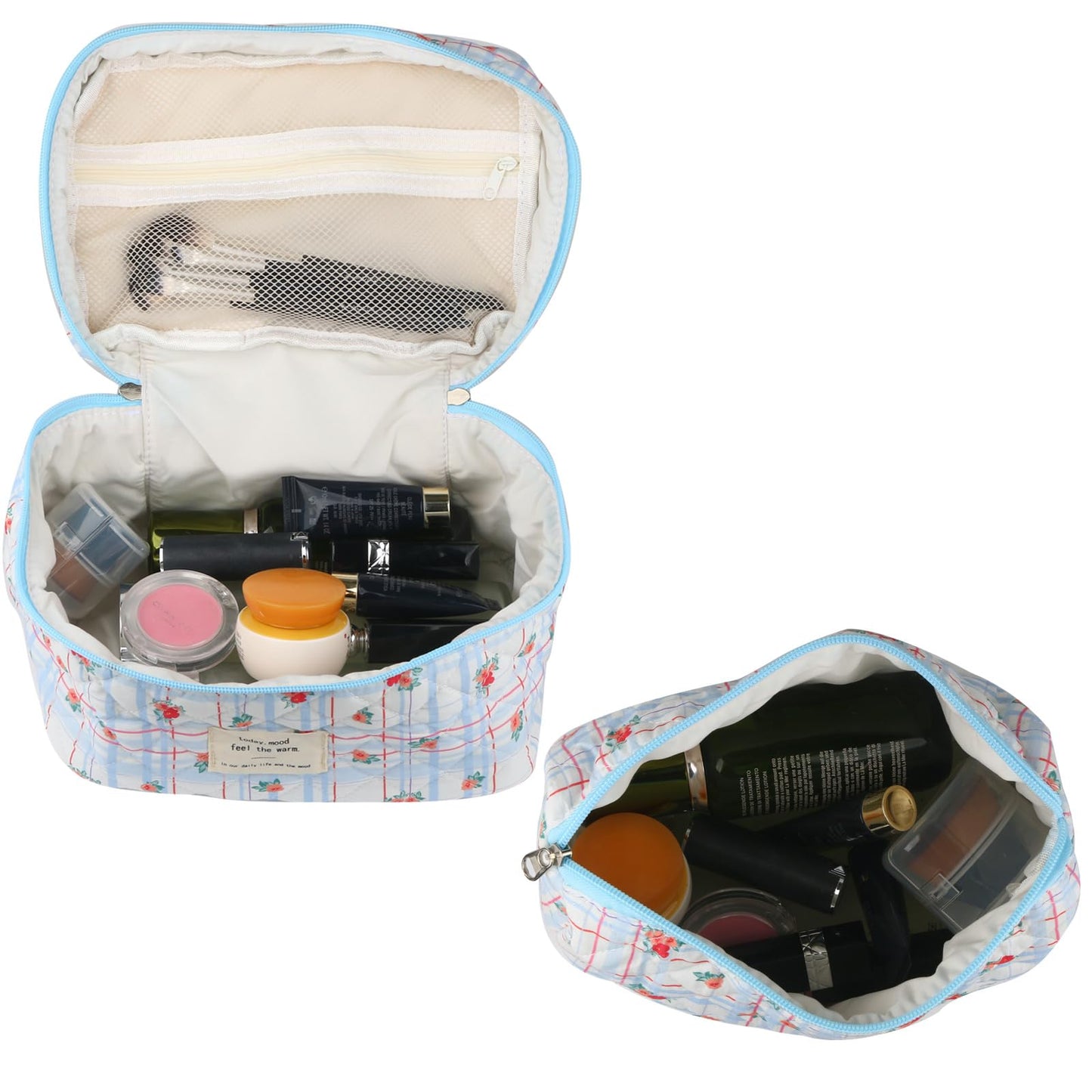 Cute Makeup Bag for Women(2 Pcs), Travel Cosmetic Bags, Quilted Coquette Aesthetic Floral Toiletry Organizer Bag (NavyBlue Flower)
