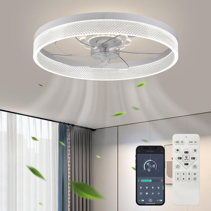 20‘’ Ceiling Fan with Light, Upgraded Low Profile Fan, Flush Mount Ceiling Fan, 6 Speeds, Dimmable LED, App & Remote Control, Quiet DC Motor, for Bedroom, Living Room, F115 White