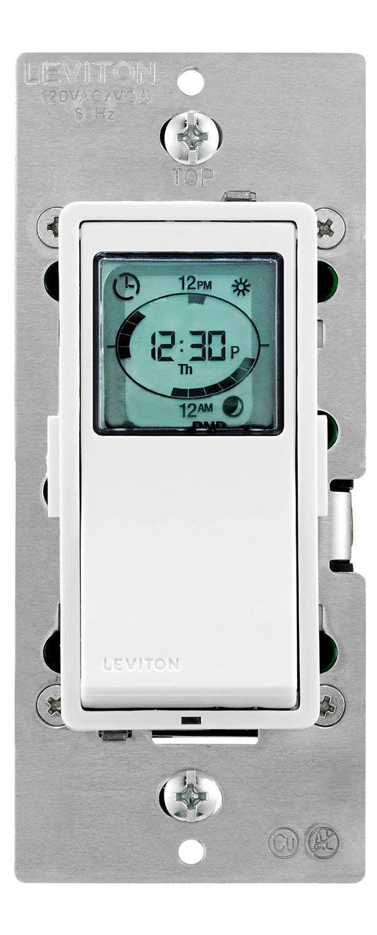 Leviton Decora Programmable Timer Switch for Lights and Motor Loads, Neutral Wire Required, Single Pole or 3-Way, VPT24-1PZ, White with Ivory and Light Almond Faceplates