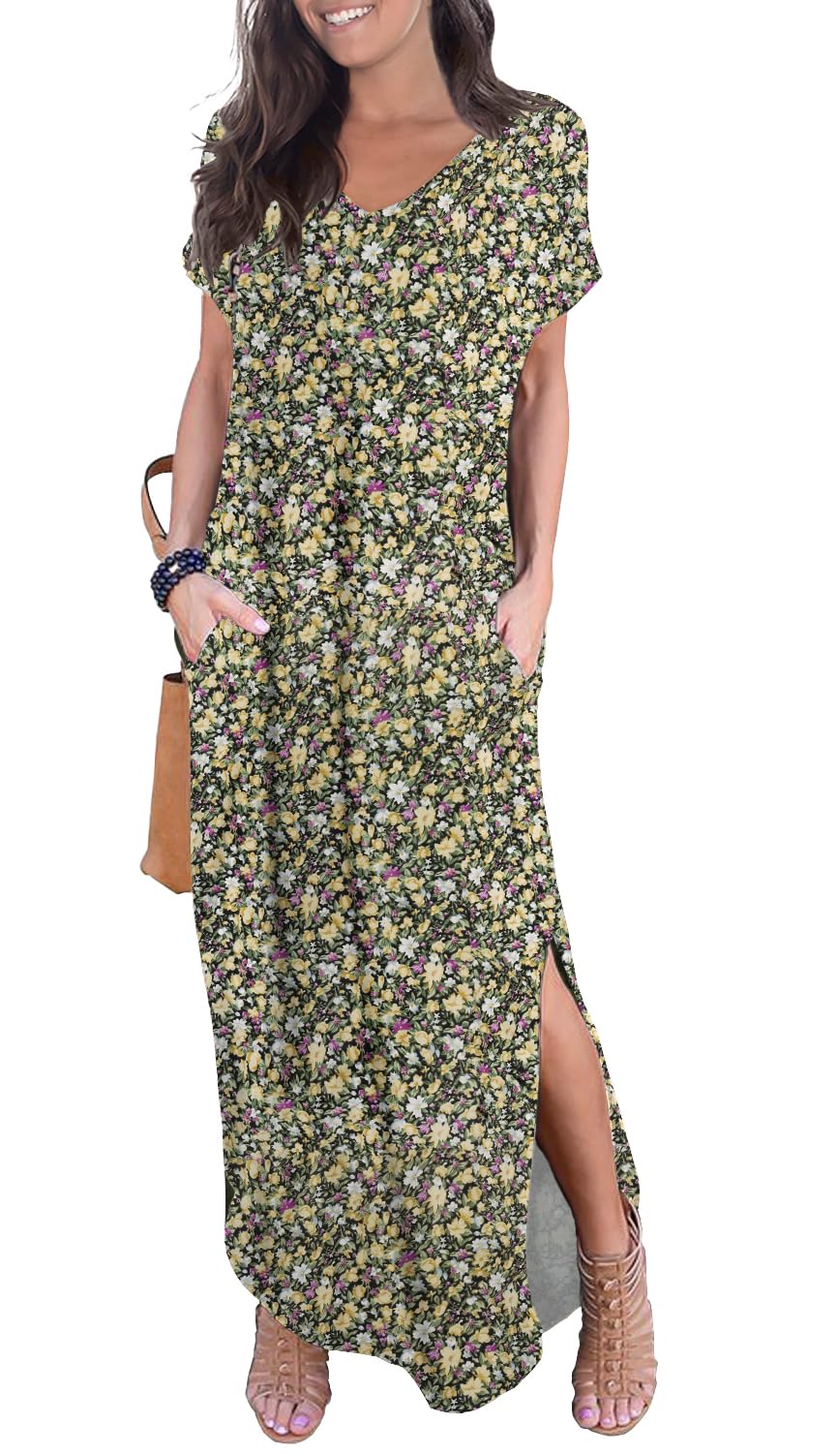 GRECERELLE Women's Casual Loose Pocket Long Dress Short Sleeve Split Maxi Dresses