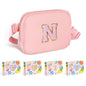 COSHAYSOO Pink Belt Bag Small Waist Fanny Pack Mini Crossbody Purse with Initial Preppy Letter Patch for Teen Girl Women Workout, Cross Body Chest Pouch Trending Birthday Gift Idea (S)