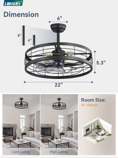 LEDIARY 16.5 inch Black Caged Ceiling Fan with Light, Fandelier Industrial Ceiling Fan with Remote, Farmhouse Fan Lights Ceiling Fixtures for Kitchen, Bedroom, Outdoor（6 Speed, Timing）-Black