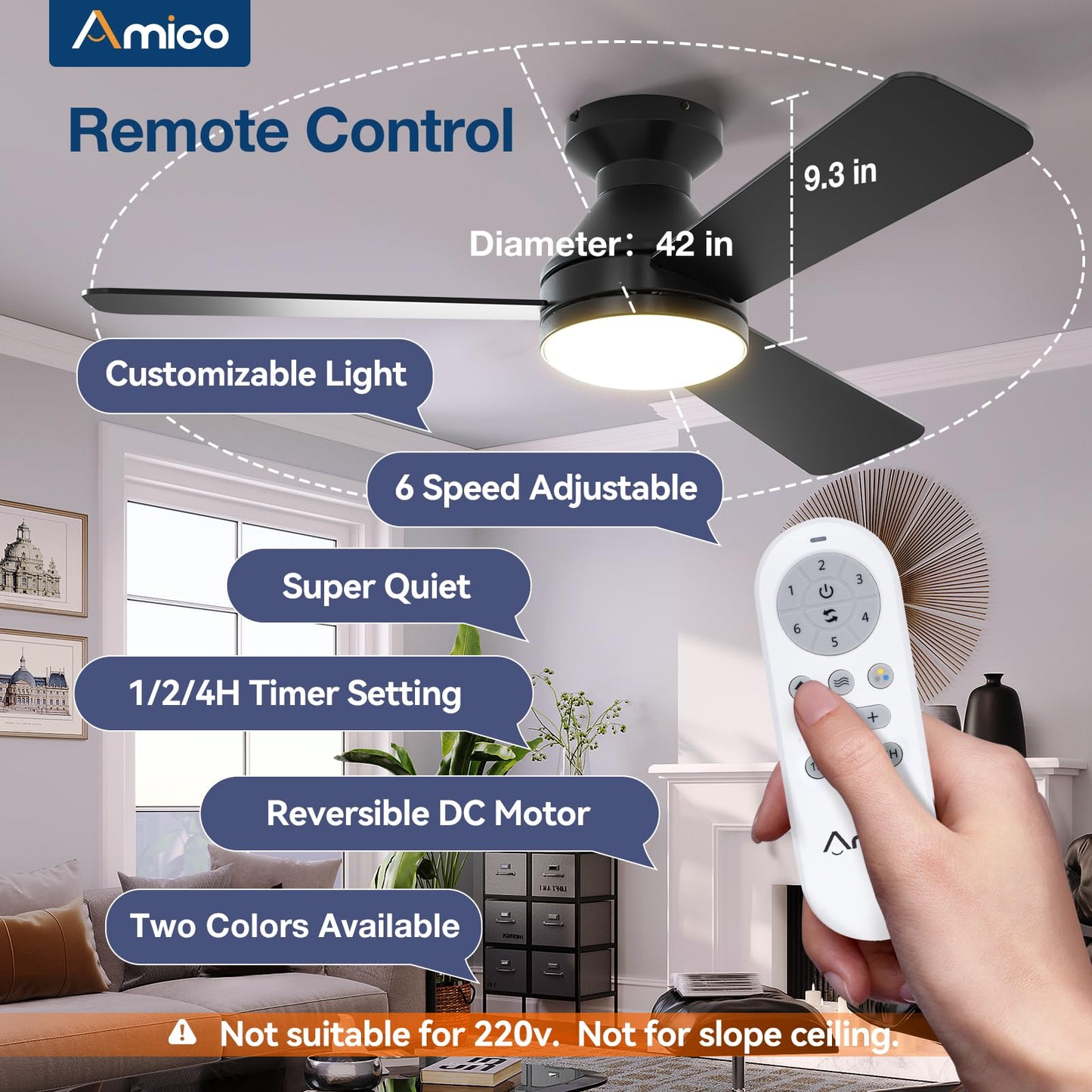 Amico Ceiling Fans with Lights, 42 inch Low Profile Ceiling Fan with Light and Remote Control, Flush Mount, Reversible, 3CCT, Dimmable, Noiseless, White Ceiling Fan for Bedroom, Indoor/Outdoor Use