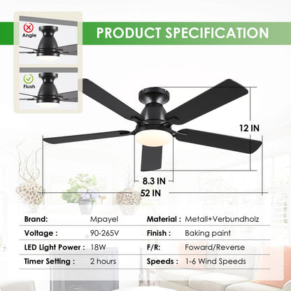 Ceiling Fans with Lights- 52" Low Profile Indoor Ceiling Fan with Light and Remote/APP Control, Flush Mount, LED Dimmable DC Reversible Modern Ceiling Fan for Bedroom（Black）
