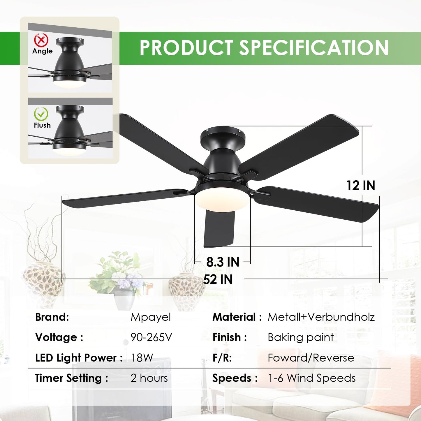 Ceiling Fans with Lights- 46" Low Profile Indoor Ceiling Fan with Light and Remote/APP Control, Flush Mount, LED Dimmable DC Reversible Modern Ceiling Fan for Bedroom（Black）