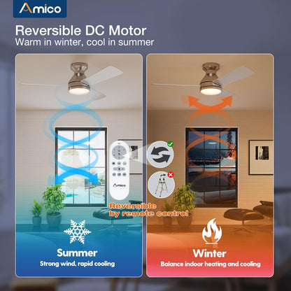Amico Ceiling Fans with Lights, 42 inch Low Profile Ceiling Fan with Light and Remote Control, Flush Mount, Reversible, 3CCT, Dimmable, Noiseless, White Ceiling Fan for Bedroom, Indoor/Outdoor Use