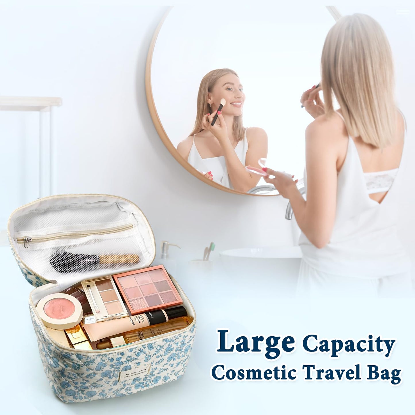 Cute Makeup Bag for Women(2 Pcs), Travel Cosmetic Bags, Quilted Coquette Aesthetic Floral Toiletry Organizer Bag (NavyBlue Flower)