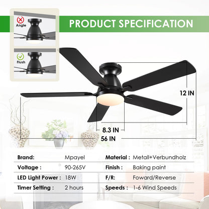 Ceiling Fans with Lights- 52" Low Profile Indoor Ceiling Fan with Light and Remote/APP Control, Flush Mount, LED Dimmable DC Reversible Modern Ceiling Fan for Bedroom（Black）