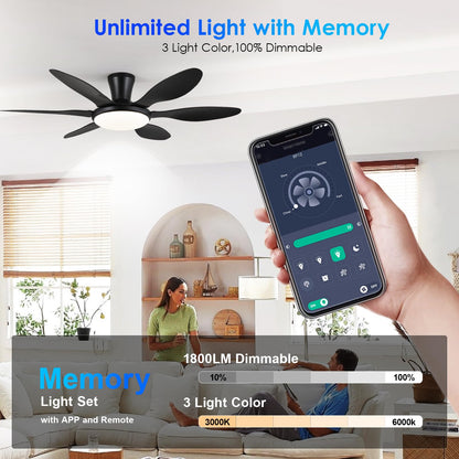 Ceiling Fans with Lights, 51 inch Modern Black Low Profile Ceiling Fan with Light and Remote App Control, Flush Mount, Quiet DC Reversible, Dim Led Ceiling Fan 6 Blade Softer Wind Indoor/Outdoor Patio