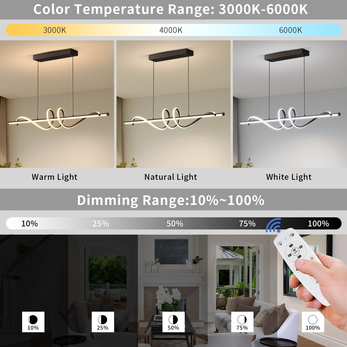 Modern LED Pendant Lights, 39in Chandelier Dimmable with Remote Control 3000k-6000K Adjustable Color Temperature, Aluminum Island Lighting Lamp Fixture for Kitchen, Dining Room, Billiard Room