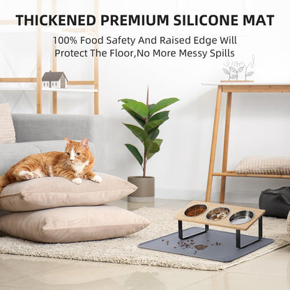 Upgraded Elevated Cat Bowls with Food Mat,15°Tilted Stand Anti Vomiting Raised Cat Dishes for Food and Water,2 Stainless Steel Bowls for Cats and Puppy