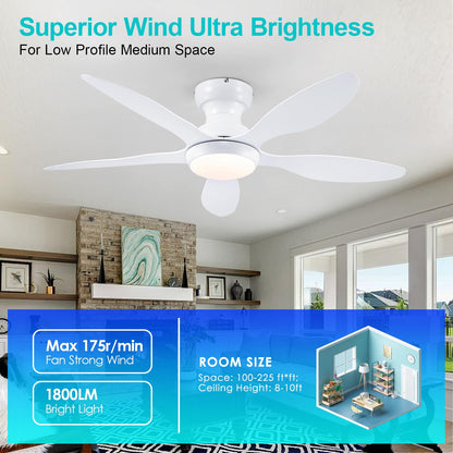Ceiling Fans with Lights, 51 inch Modern Black Low Profile Ceiling Fan with Light and Remote App Control, Flush Mount, Quiet DC Reversible, Dim Led Ceiling Fan 6 Blade Softer Wind Indoor/Outdoor Patio