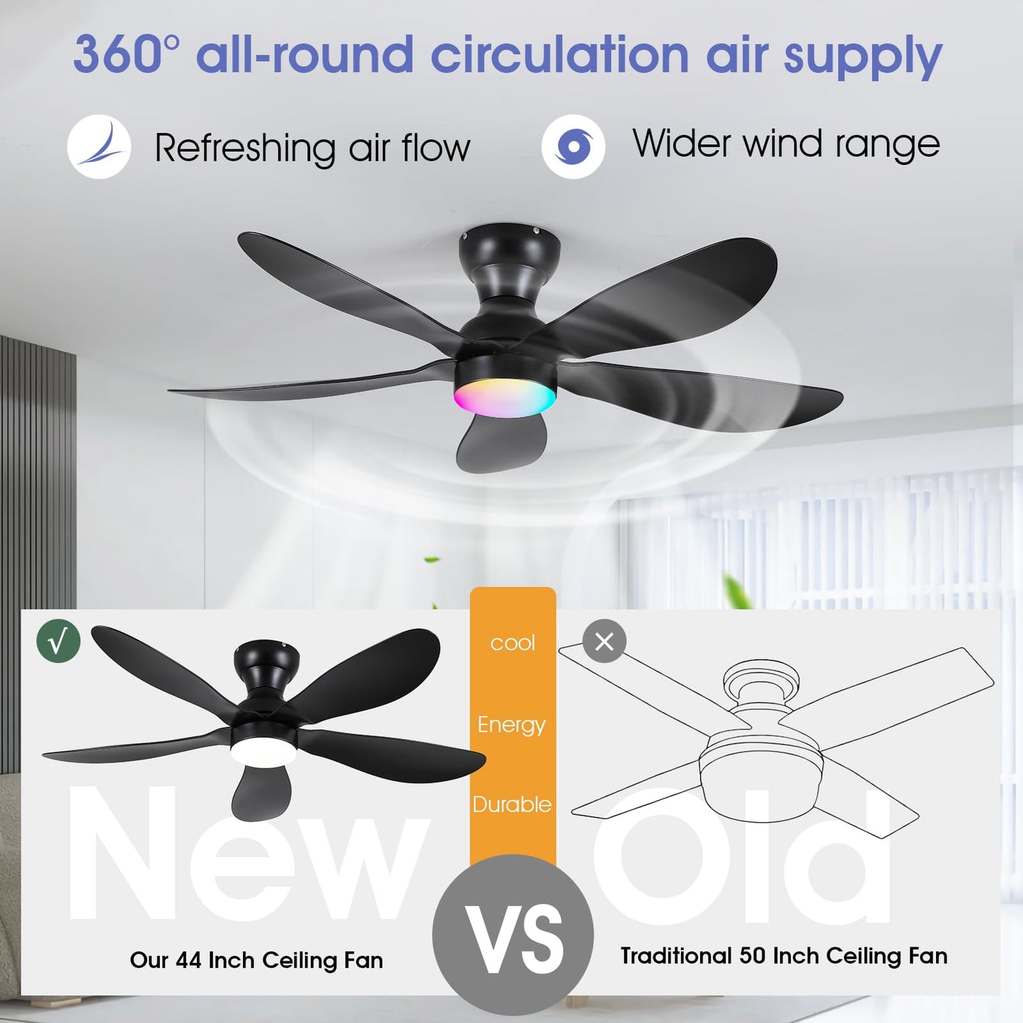 Ceiling Fans with Lights and Remote/APP Control, 30 inch Low Profile Ceiling Fans with 5 Reversible Blades 3 Colors Dimmable 6 Speeds Ceiling Fan for Bedroom Kids Room Dining Room, Black
