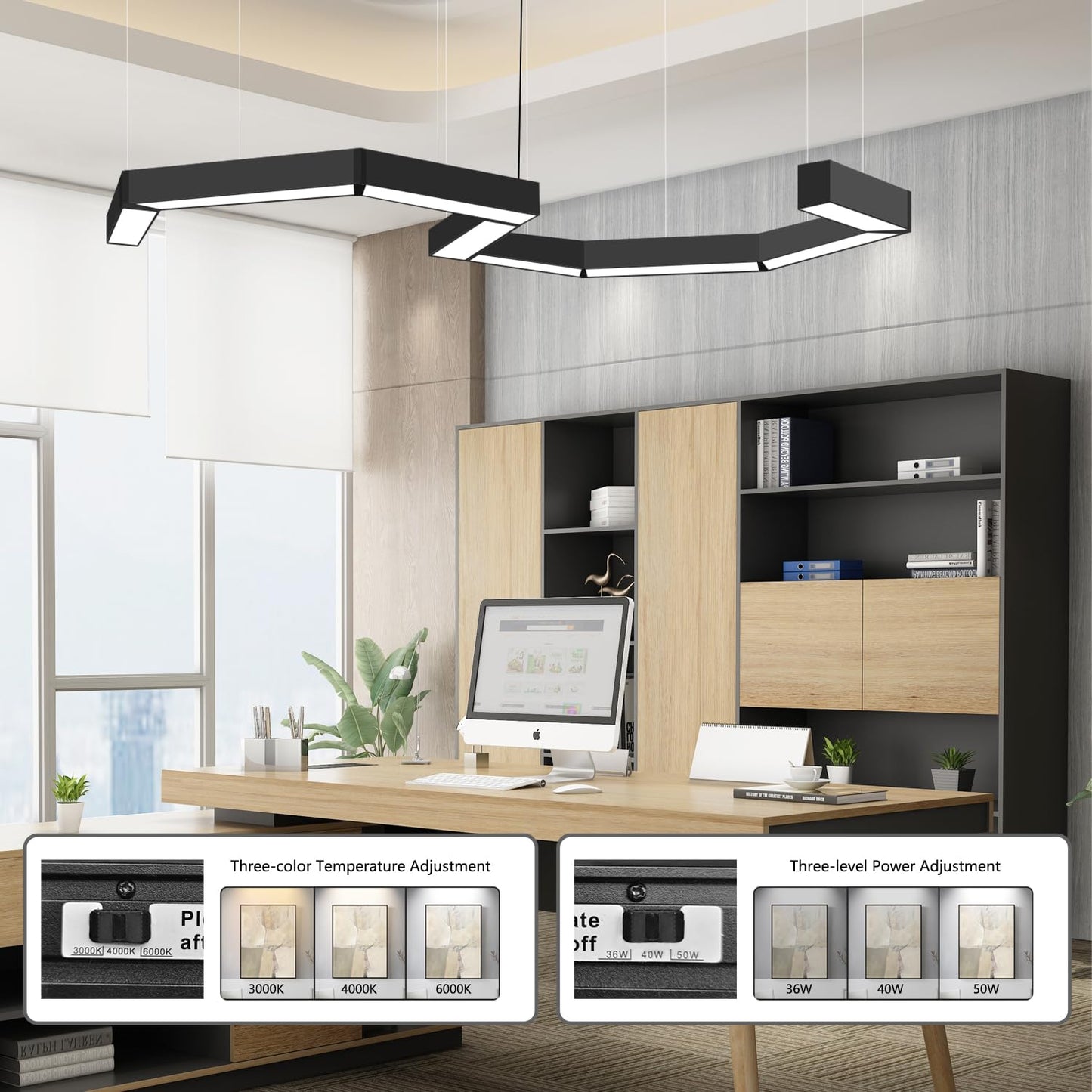 20FT LED Linear Light, 250W Pendant Light Fixtures, 0~10V Remote Switch, 3000K 4000K 6000K Color Changing Function, Combination Black Ceiling Shop Light, Suspended Office Lighting Fixture