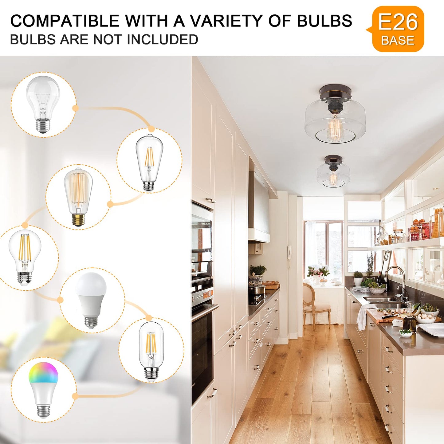 MAXvolador Industrial Semi Flush Mount Ceiling Light, Clear Glass Pendant Lamp Shade, Farmhouse Lighting for Hallway, Vintage Hanging Light Fixtures