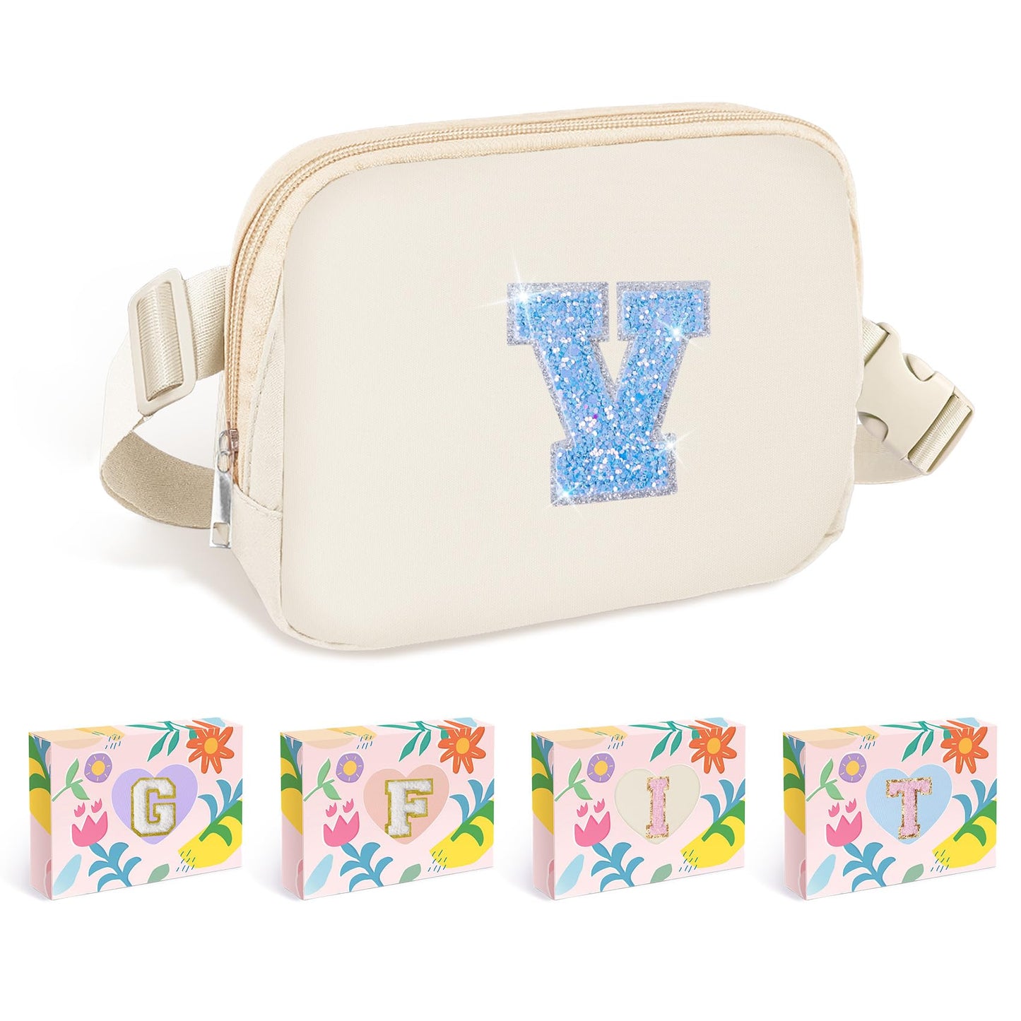 COSHAYSOO Pink Belt Bag Small Waist Fanny Pack Mini Crossbody Purse with Initial Preppy Letter Patch for Teen Girl Women Workout, Cross Body Chest Pouch Trending Birthday Gift Idea (S)