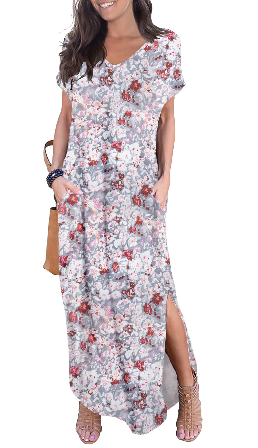 GRECERELLE Women's Casual Loose Pocket Long Dress Short Sleeve Split Maxi Dresses