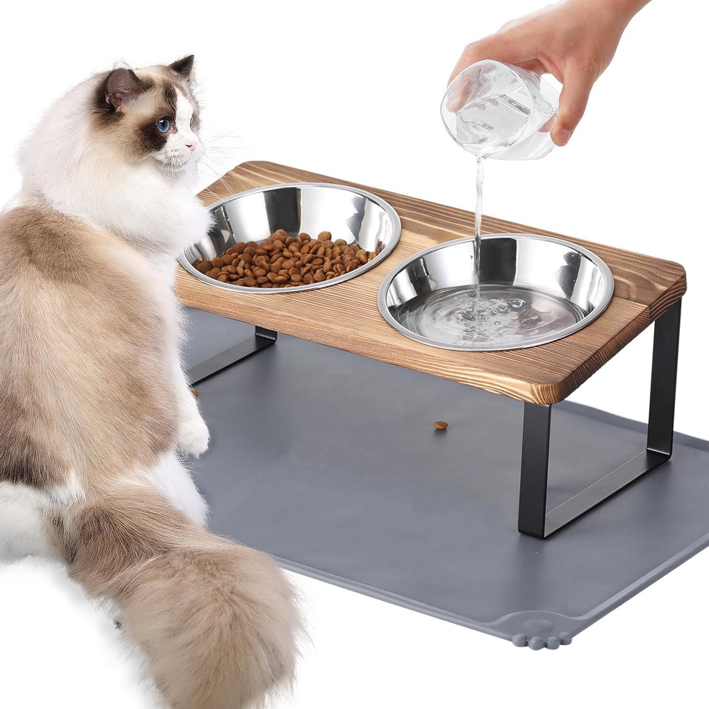 Upgraded Elevated Cat Bowls with Food Mat,15°Tilted Stand Anti Vomiting Raised Cat Dishes for Food and Water,2 Stainless Steel Bowls for Cats and Puppy
