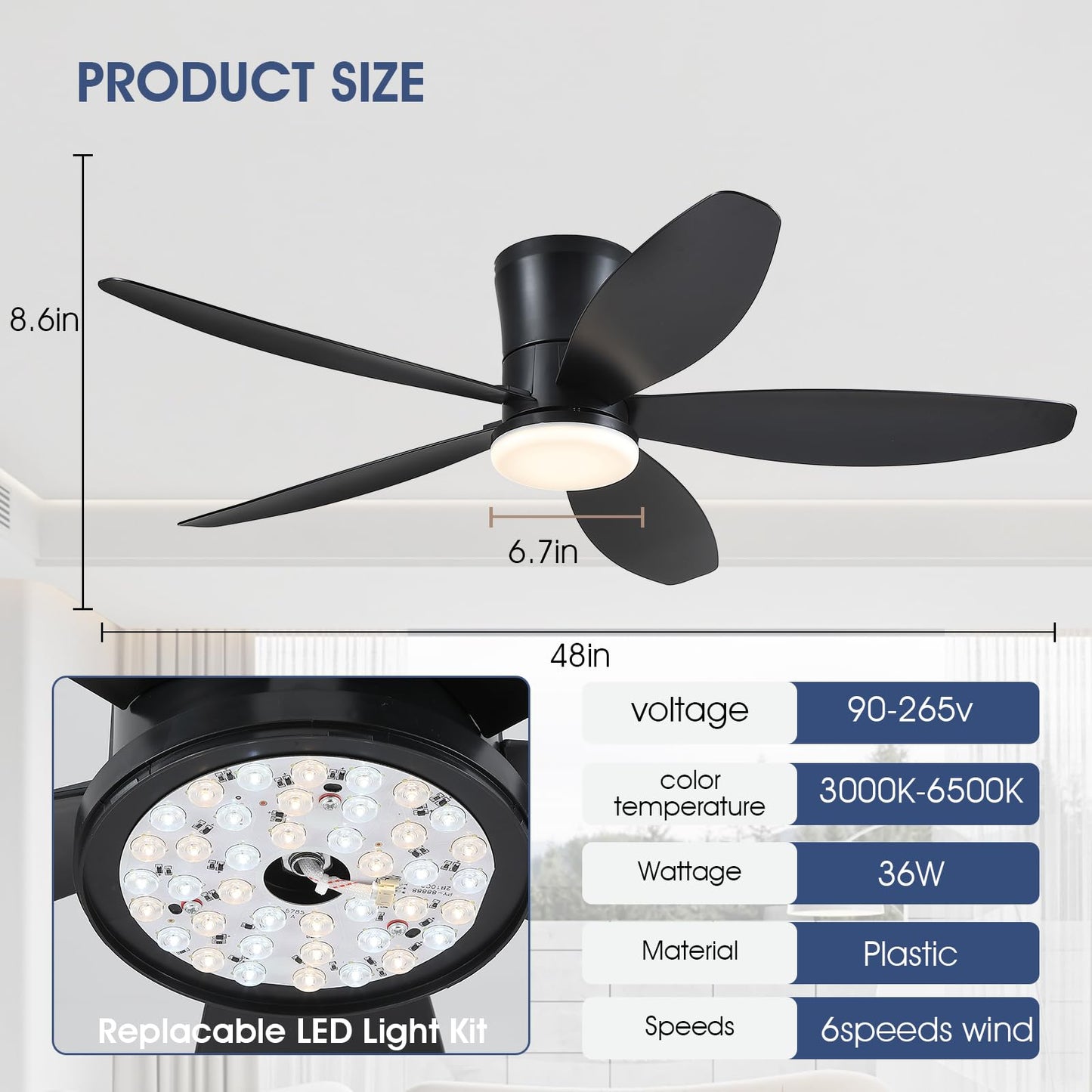 Ceiling Fans with Lights-36 Low Profile Ceiling Fan with Light and Remote/APP Control,Flush Mount,DC Reversible,LED Dimmable Blakc Ceiling Fans for Bedroom,Indoor/Outdoor Patio Use
