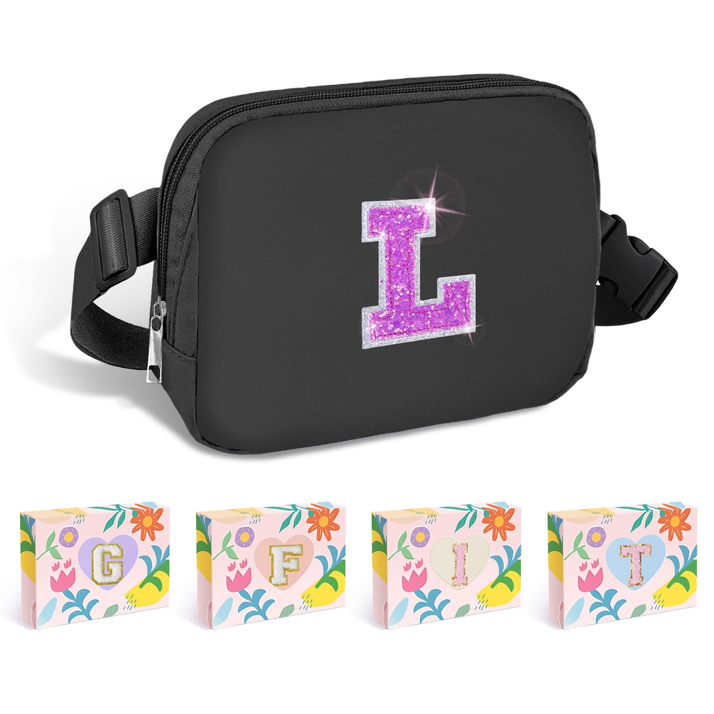 COSHAYSOO Pink Belt Bag Small Waist Fanny Pack Mini Crossbody Purse with Initial Preppy Letter Patch for Teen Girl Women Workout, Cross Body Chest Pouch Trending Birthday Gift Idea (S)