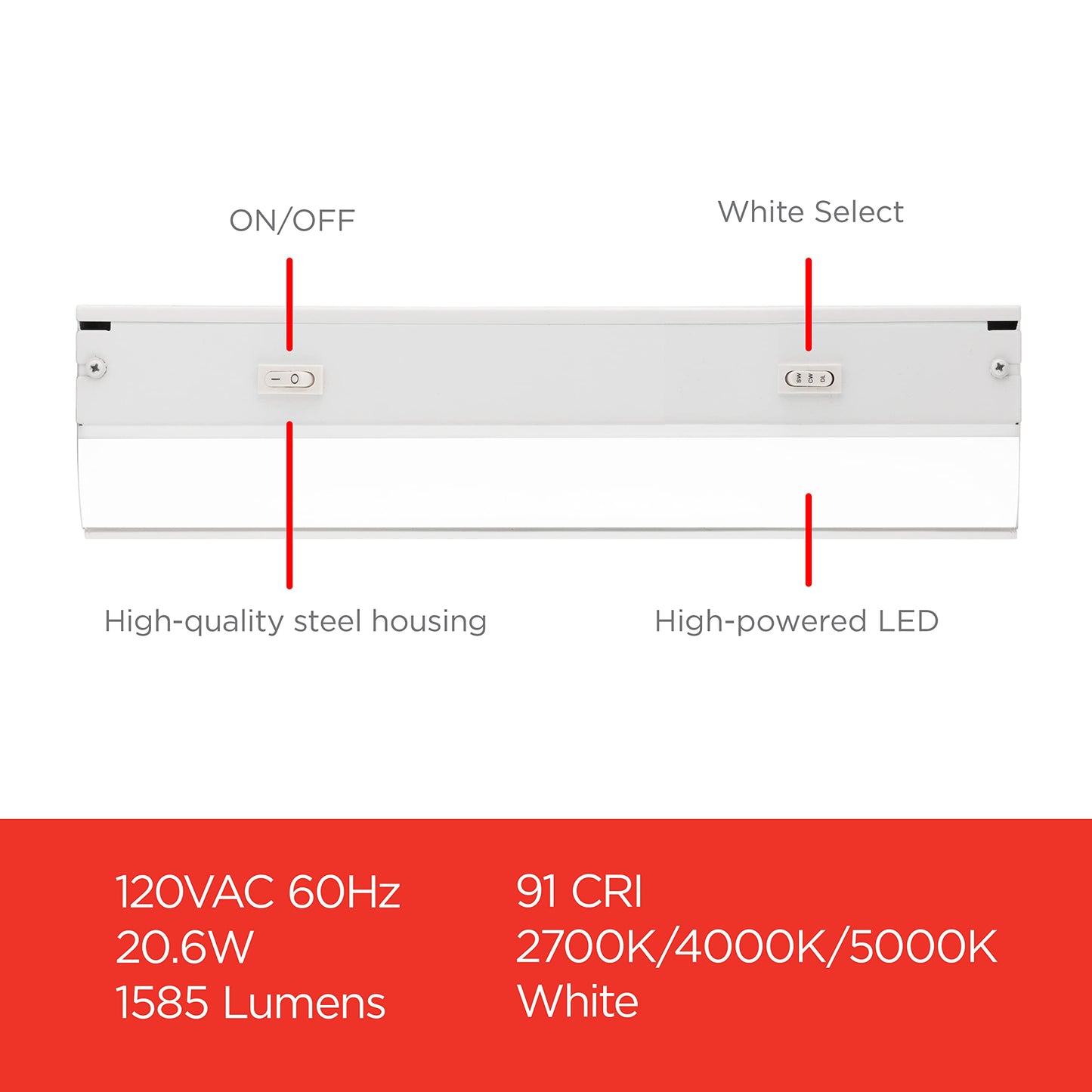 UltraPro 24 inch Hardwired Under Cabinet Lights, 3 Color Settings - 2700K/4000K/5000K - Warm White, Cool White, and Daylight, Under Cabinet Lighting, Dimmable Under Counter Lights for Kitchen, 45368