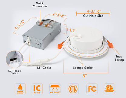 Cloudy Bay Eyeball 5 Color 4 inch Gimbal LED Recessed Light with Junction Box,9.5W CRI90+ 2700K/3000K/3500K/4000K/5000K Selectable,Dimmable Canless Ceiling Spot Light,Damp Location,Black,Pack of 6