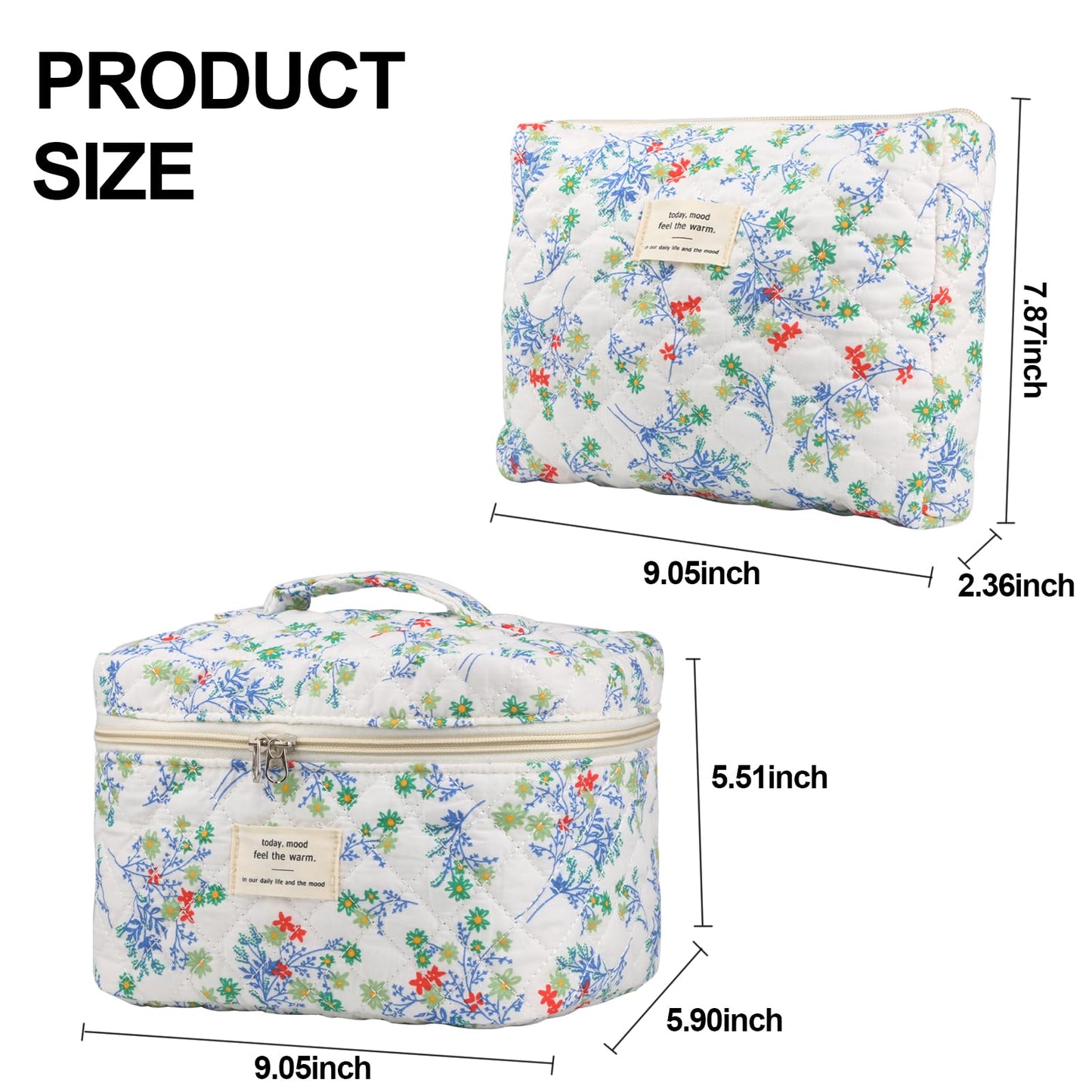 Cute Makeup Bag for Women(2 Pcs), Travel Cosmetic Bags, Quilted Coquette Aesthetic Floral Toiletry Organizer Bag (NavyBlue Flower)